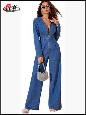 Denim Cotton Jumpsuit with V-Neck and Wide Leg